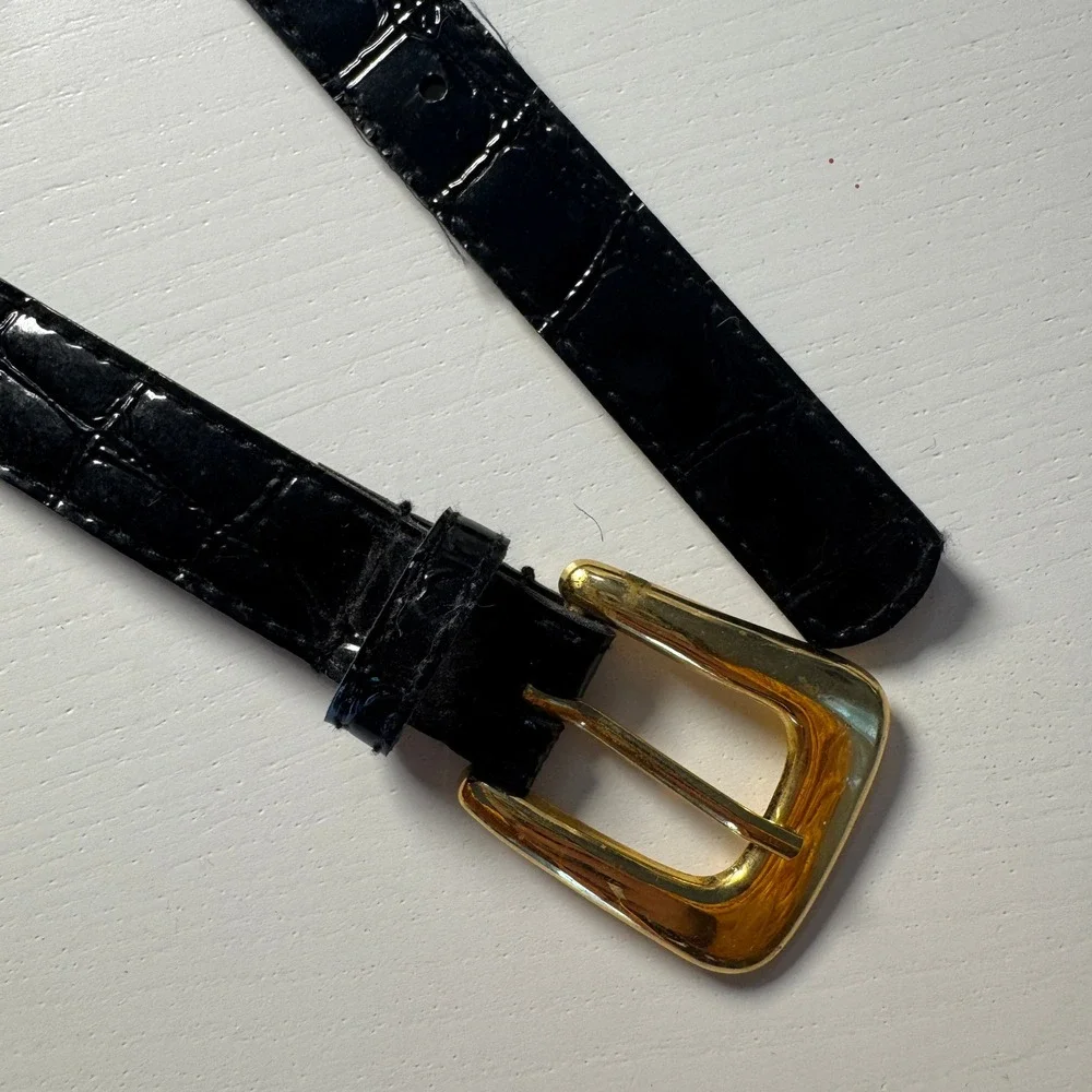 Vtg Black Croc Embossed Skinny Belt Gold Buckle Old‎ Money Preppy Chic Quiet Lux